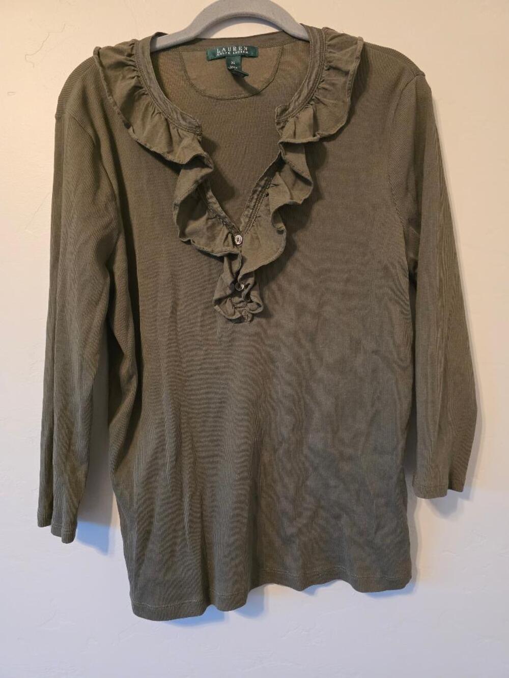 Lauren Ralph Lauren Olive Ruffle Henley Ribbed Top XL